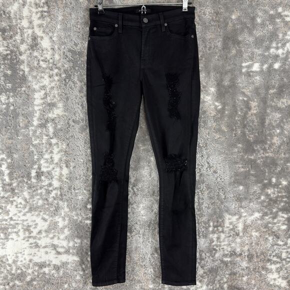 7 For All Mankind Size 27 Distressed Stretch Jeans Black Pants Button Zip Cotton - Picture 1 of 12